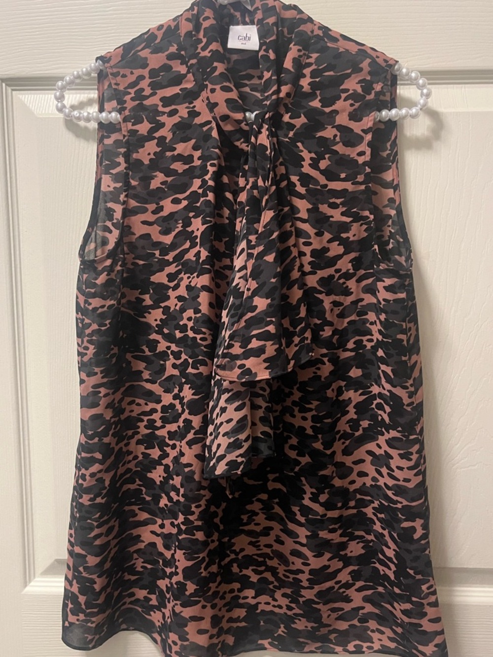 CAbi Sleeveless Tie-Neck Blouse in Black&Tan Animal/Camo Print. Lightweight SZ M